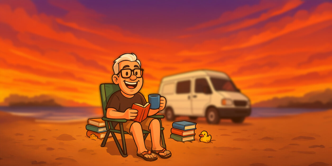 Scotty Boxa cartoon reading a book with sunset backdrop – homepage hero image