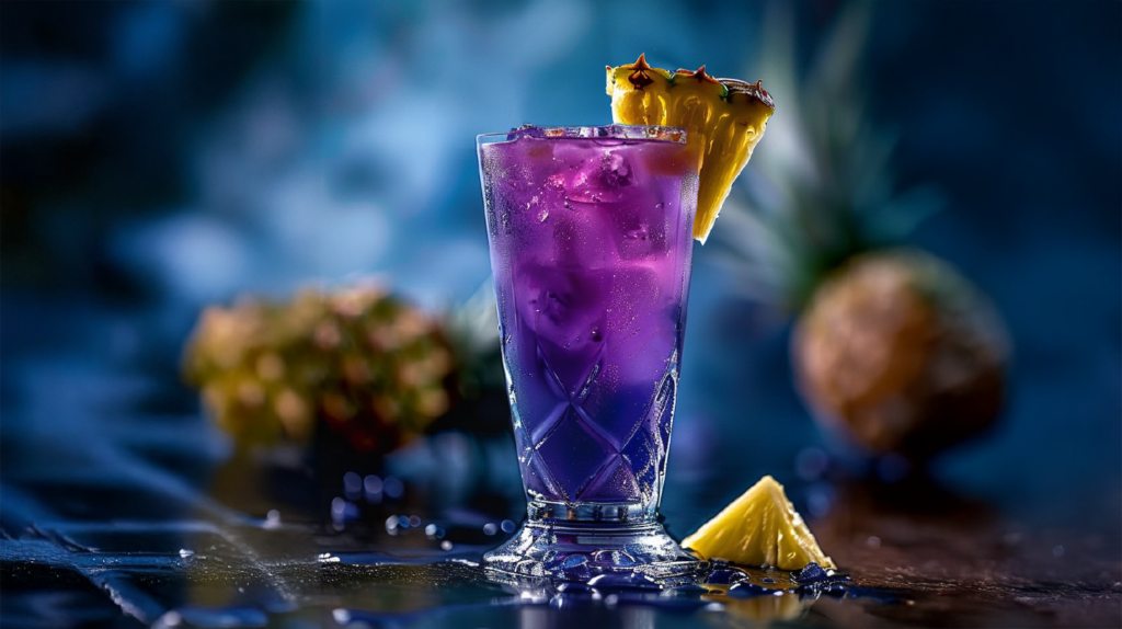 A colorful Fruit Tingle Cocktail in a tall glass, garnished with a maraschino cherry and a pineapple wedge.