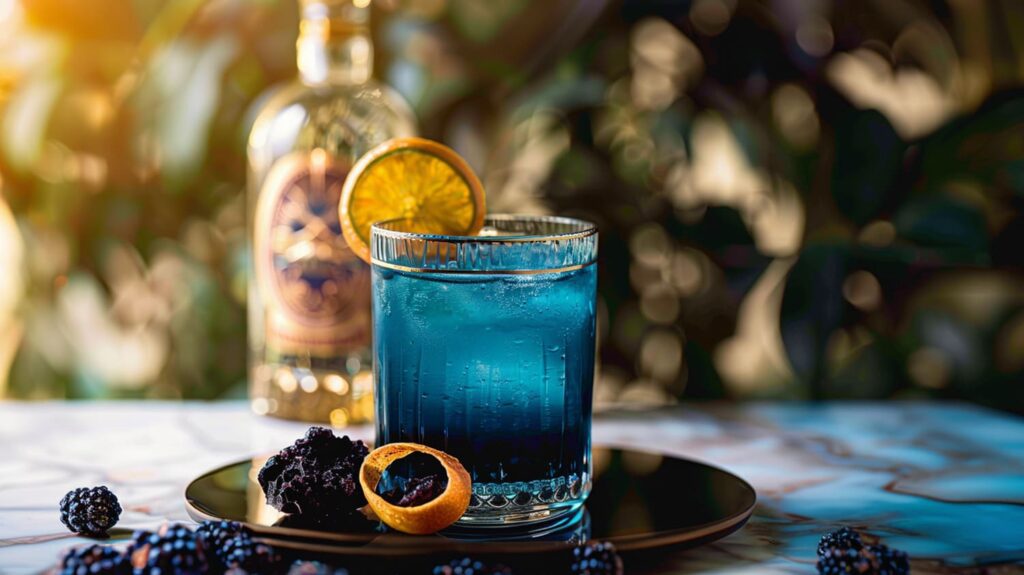 Black Opal Cocktail – vibrant blue-black drink in a glass with orange garnish and fresh blackberries, elegant and bold party cocktail.
