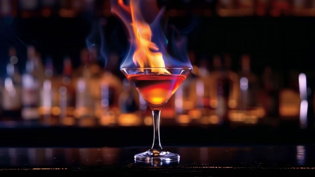 Flaming Lamborghini cocktail burning spectacularly in a martini glass