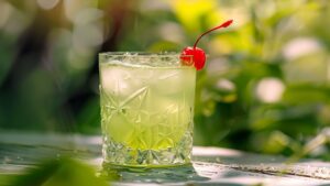 Bright green Japanese Sex Cocktail in a martini glass