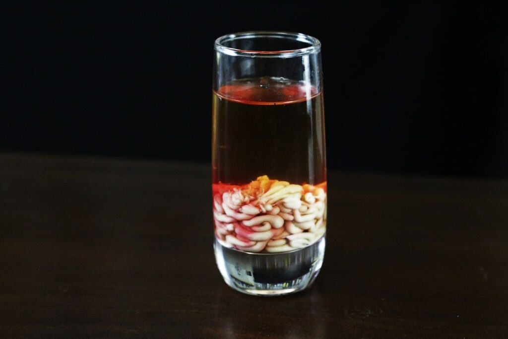 Iconic Monkey Brain Shot in a glass, showing curdled Irish cream resembling a brain