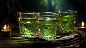 A perfectly layered ABC Shot in a glass, with distinct green, white, and yellow layers.