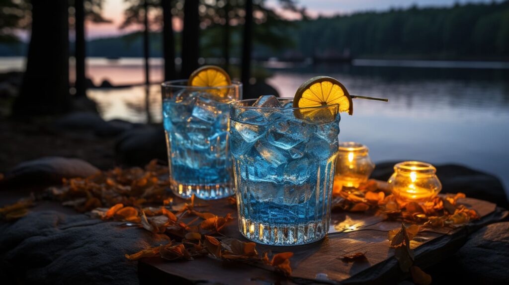 A vibrant blue Blue Lagoon Cocktail in a glass with a lemon wheel and cherry garnish.