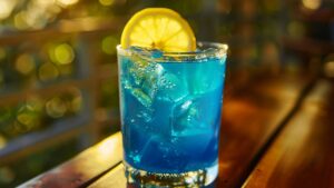 A Blue Long Island Iced Tea in a tall glass with a lemon slice and a cherry garnish.