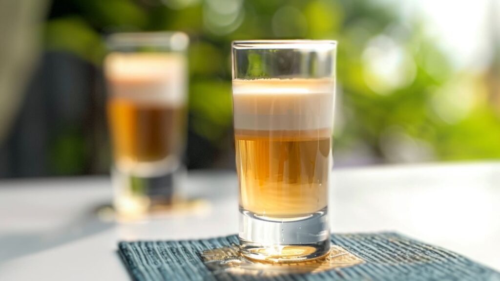 Layered Cocksucking Cowboy Shot with golden butterscotch schnapps and creamy Irish cream