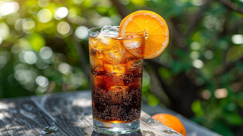 A Colt 45 Cocktail in a highball glass filled with ice, with a dark amber color.