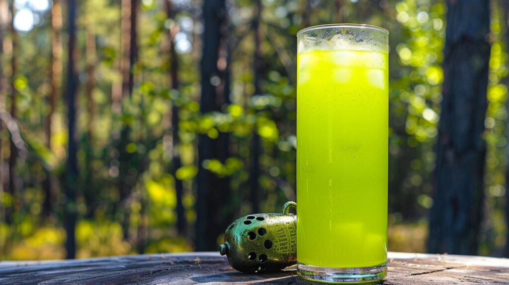 A vibrant green Hand Grenade Cocktail in a tall glass with a red cherry garnish.