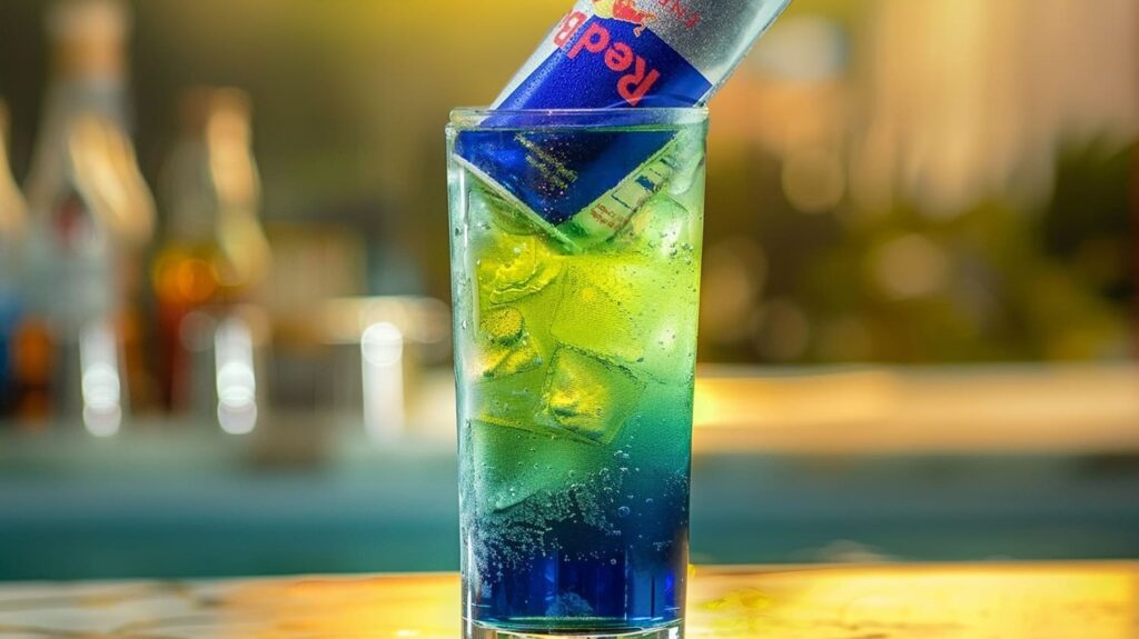 An Irish Trash Can cocktail in a tall glass, with a vibrant green color and a can of Red Bull inverted and sticking out of the top.