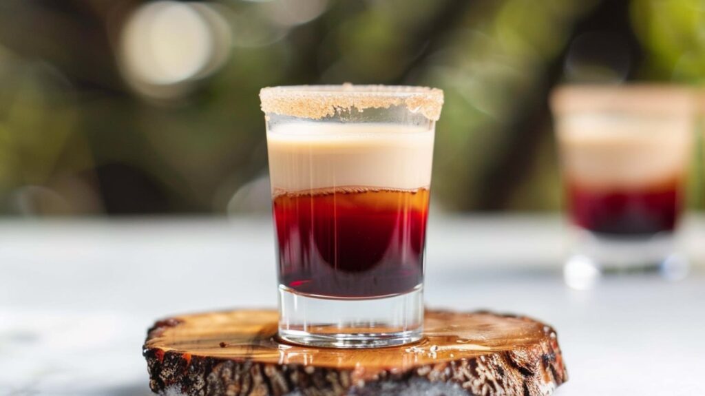 A layered Jam Donut Shot in a glass, with a red base and a creamy white top layer, and a sugar-coated rim.