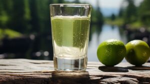 A Kamikaze Shot in a glass with a lime wedge garnish