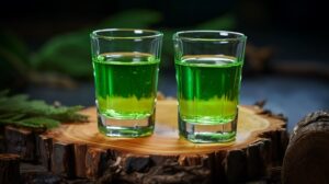A vibrant green Liquid Marijuana Shot in a glass with a maraschino cherry garnish.