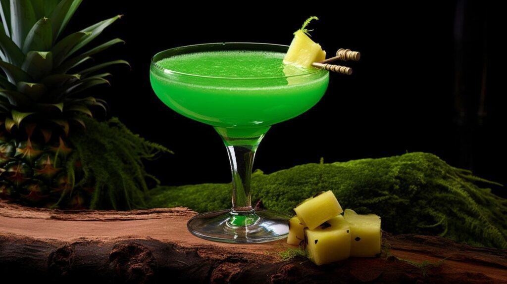 A vibrant green Midori Illusion cocktail in a glass with a pineapple wedge and cherry garnish.