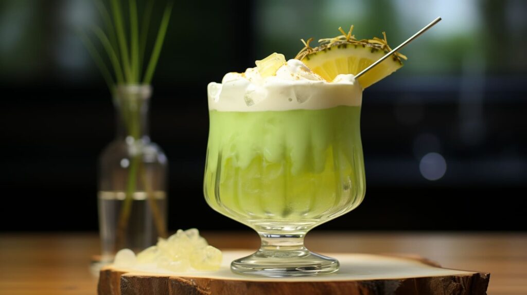 A Midori Splice cocktail in a tall glass, with a green bottom and a creamy white layer on top.