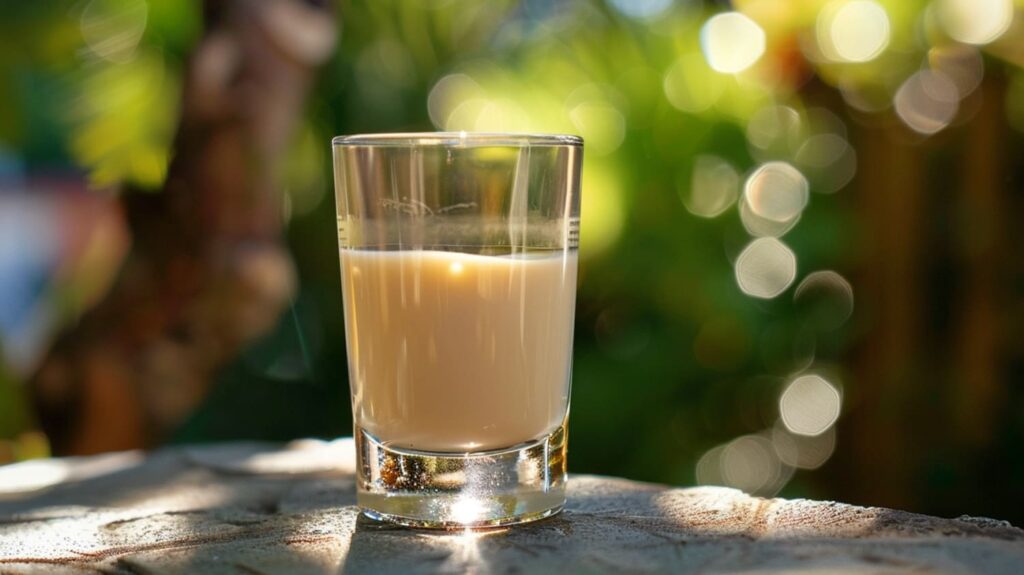 A Payday Shot in a glass, with a caramel and chopped peanut-coated rim.