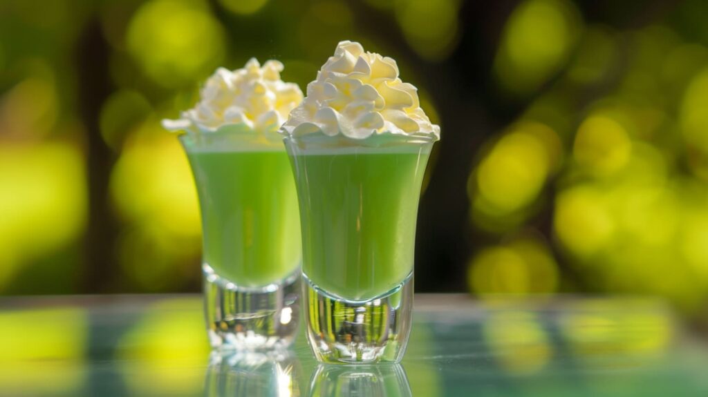 A bright green Scooby Snack Shot in a shot glass, topped with whipped cream and a red maraschino cherry.