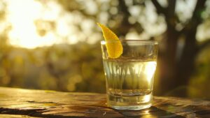 A clear Silver Bullet Shot in a glass, with a lemon twist garnish on the rim.