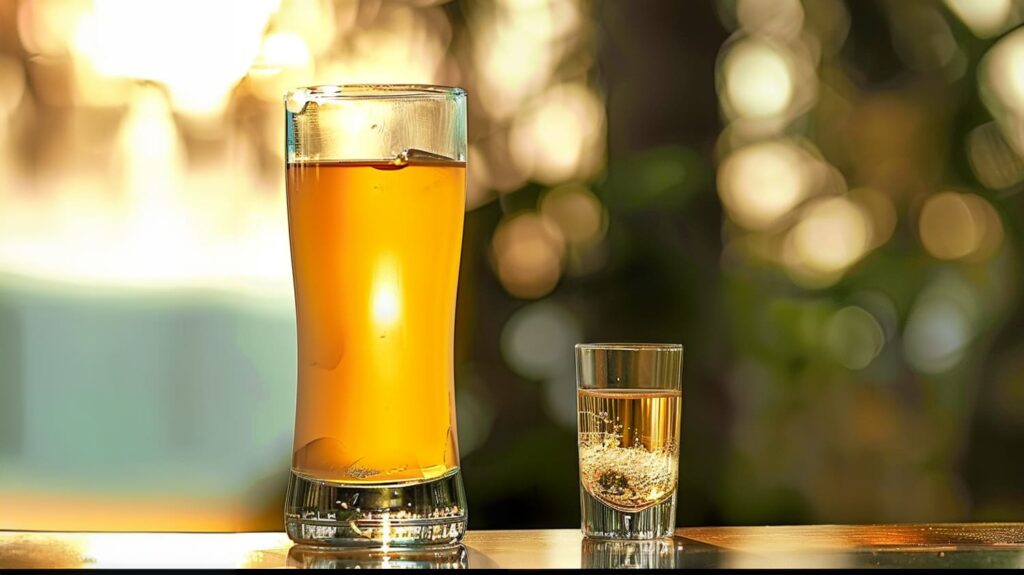 A Skittle Bomb Shot with a shot glass of Triple Sec dropped into a larger glass of a yellow energy drink.