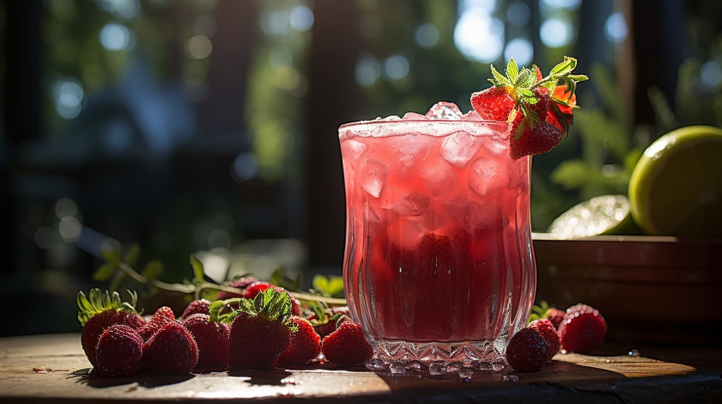 A vibrant red Frozen Strawberry Daiquiri in a glass, garnished with a fresh strawberry.