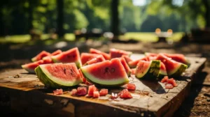A vodka-infused watermelon with a bottle of vodka inserted into the top and a few slices on the side.